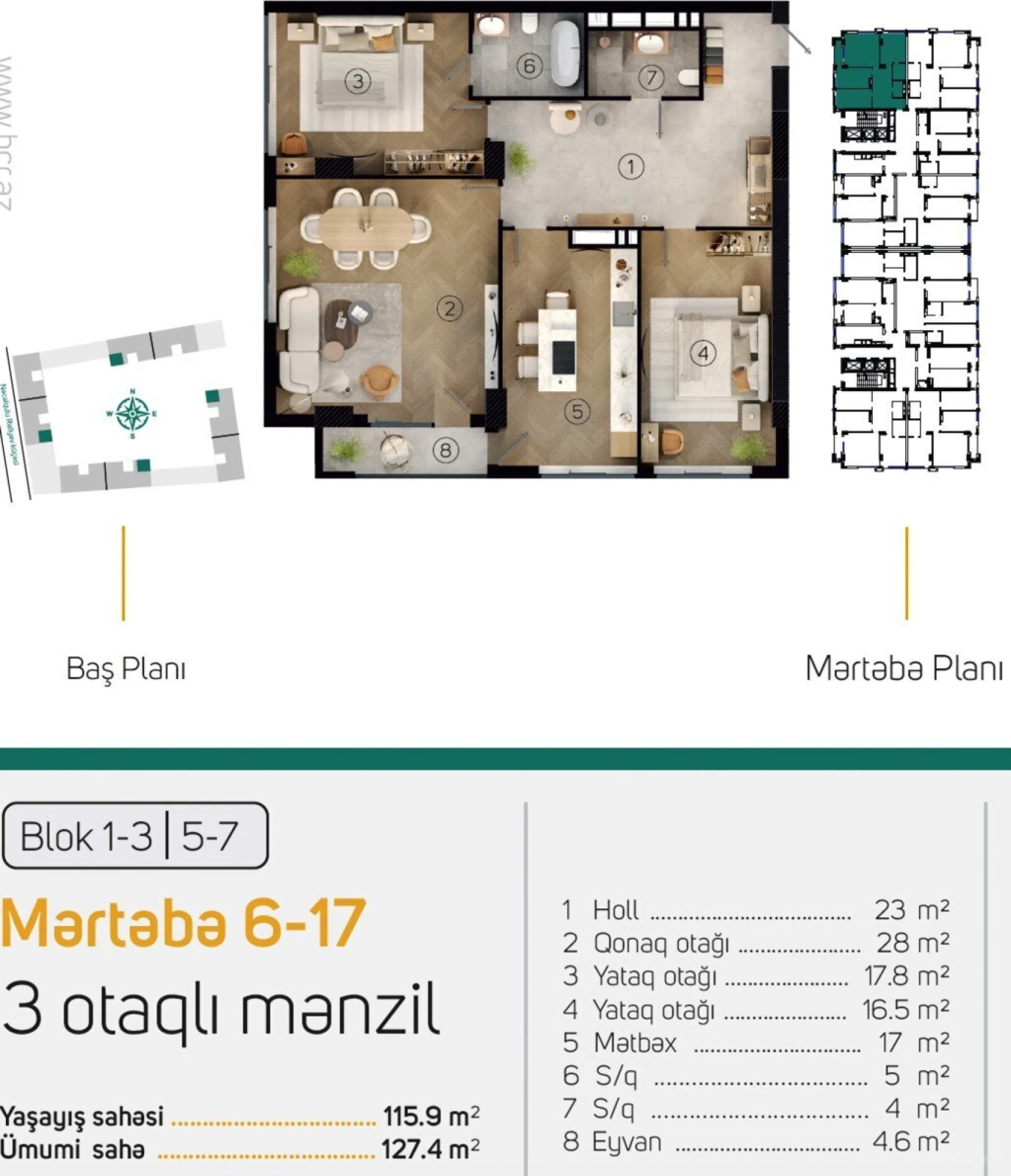 Satılır 3 otaqlı mənzil 124.7 m²