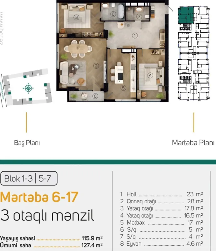 Satılır 3 otaqlı mənzil 124.7 m²
