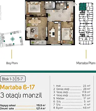 Satılır 3 otaqlı mənzil 124.7 m²