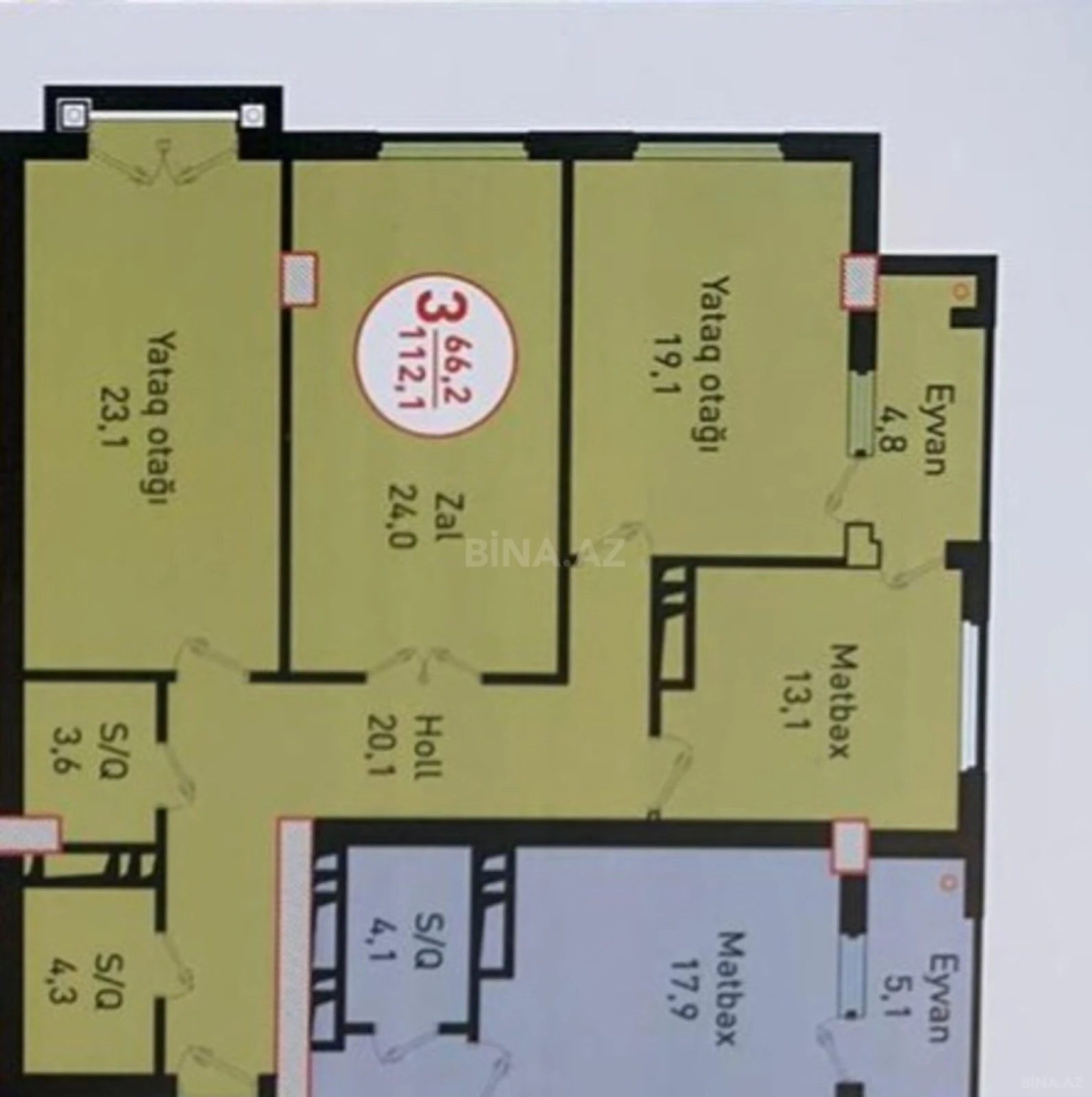 Satılır 3 otaqlı mənzil 112.1 m²