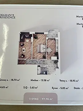 Satılır 2 otaqlı mənzil 79 m²