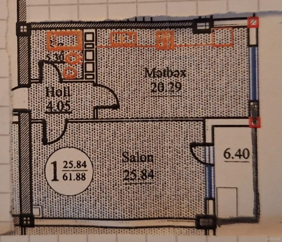 Satılır 1 otaqlı mənzil 60 m²