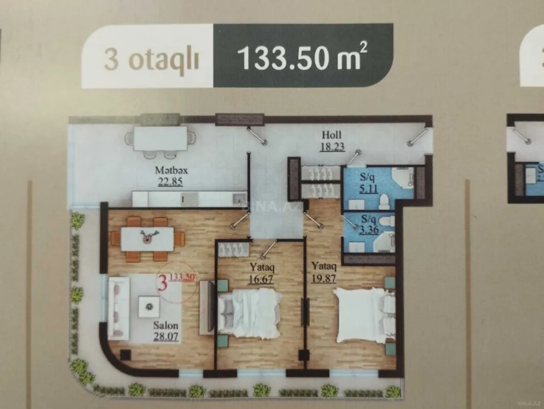 Satılır 3 otaqlı mənzil 134 m²