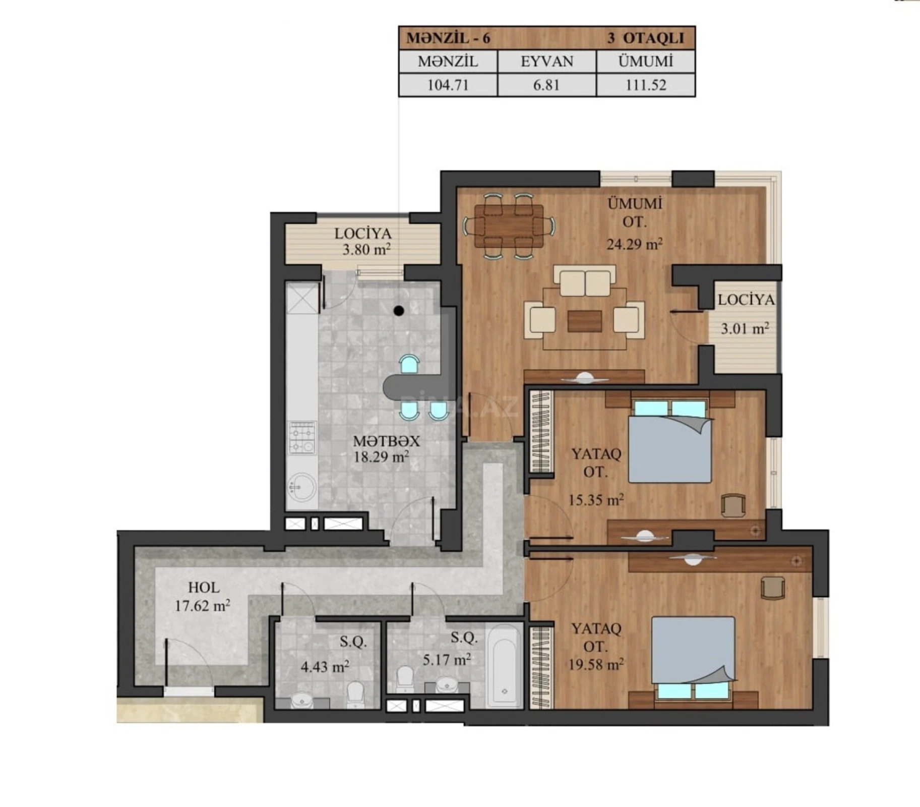 Satılır 3 otaqlı mənzil 112 m²