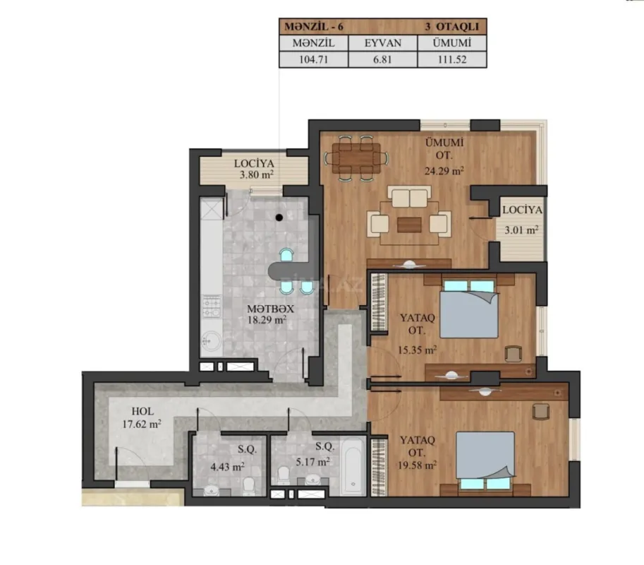 Satılır 3 otaqlı mənzil 112 m²