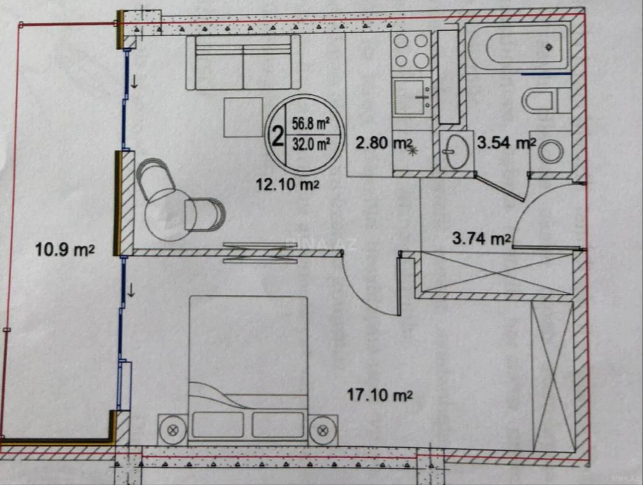 Satılır 2 otaqlı mənzil 56.8 m²