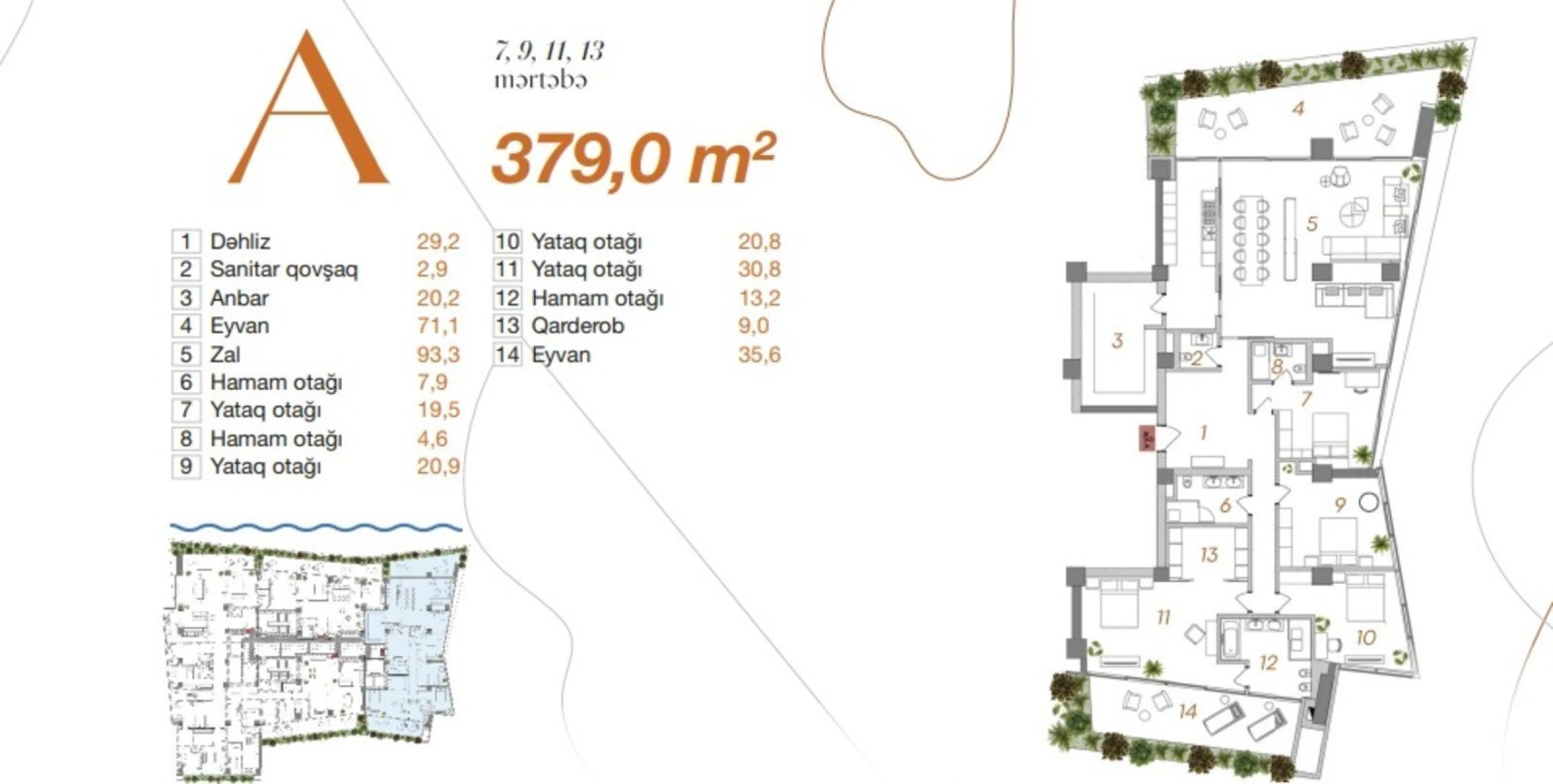 Satılır 5 otaqlı mənzil 379 m²