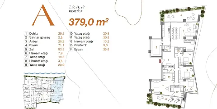 Satılır 5 otaqlı mənzil 379 m²