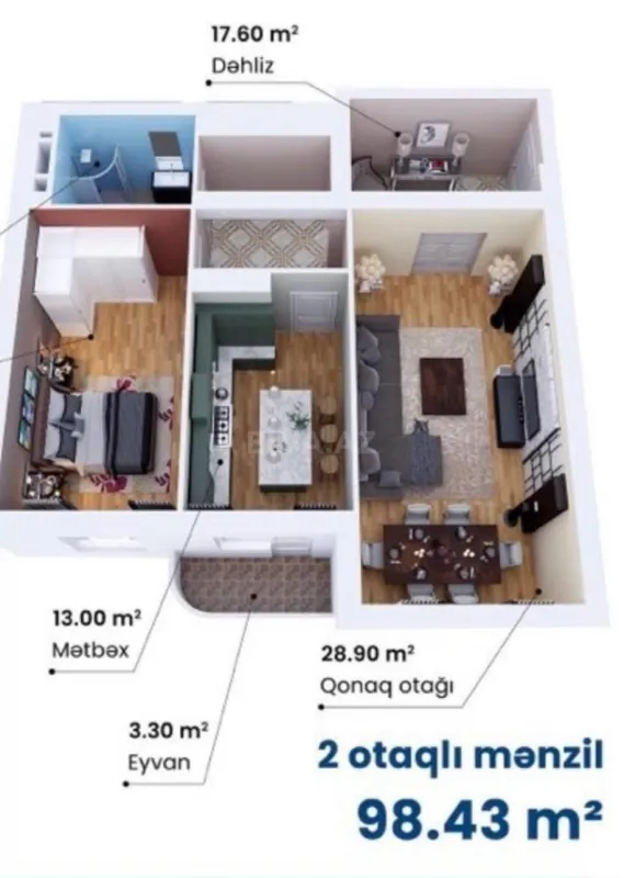 Satılır 2 otaqlı mənzil 100 m²