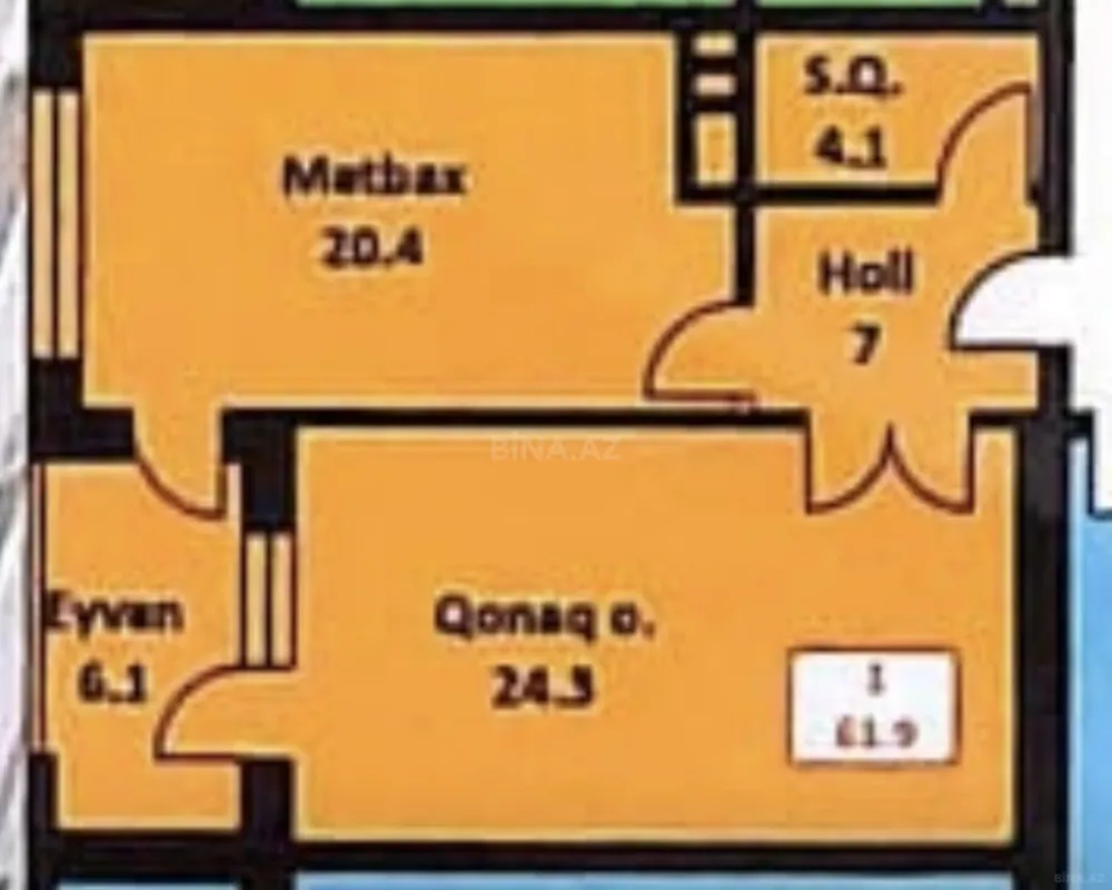 Satılır 1 otaqlı mənzil 62 m²