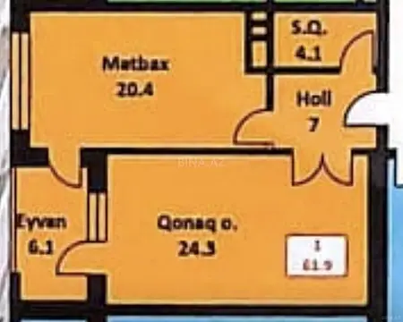 Satılır 1 otaqlı mənzil 62 m²