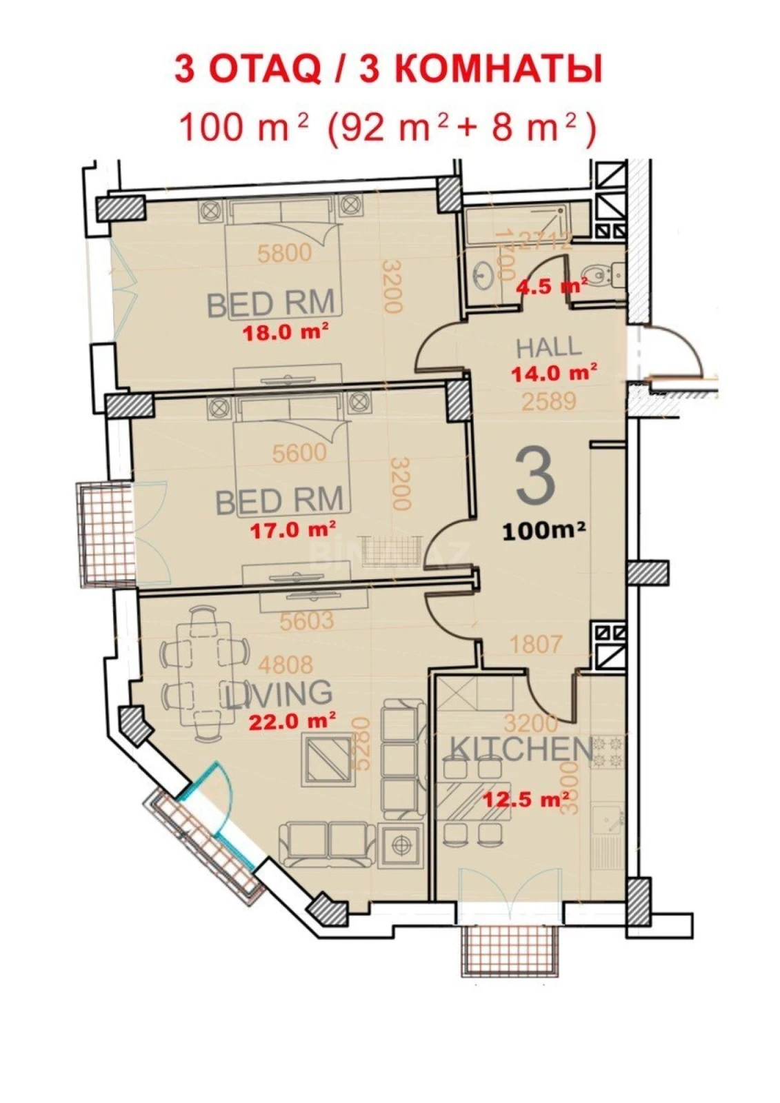 Satılır 3 otaqlı mənzil 100 m²