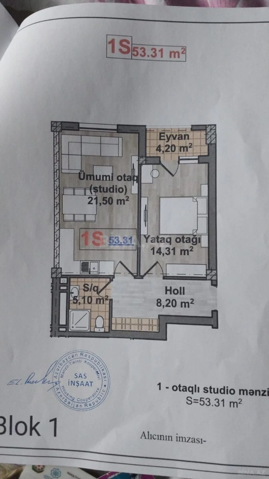 Satılır 2 otaqlı mənzil 53.3 m²