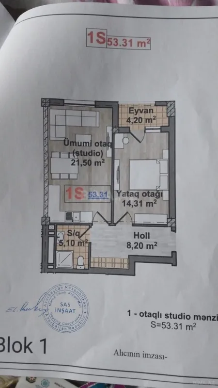 Satılır 2 otaqlı mənzil 53.3 m²