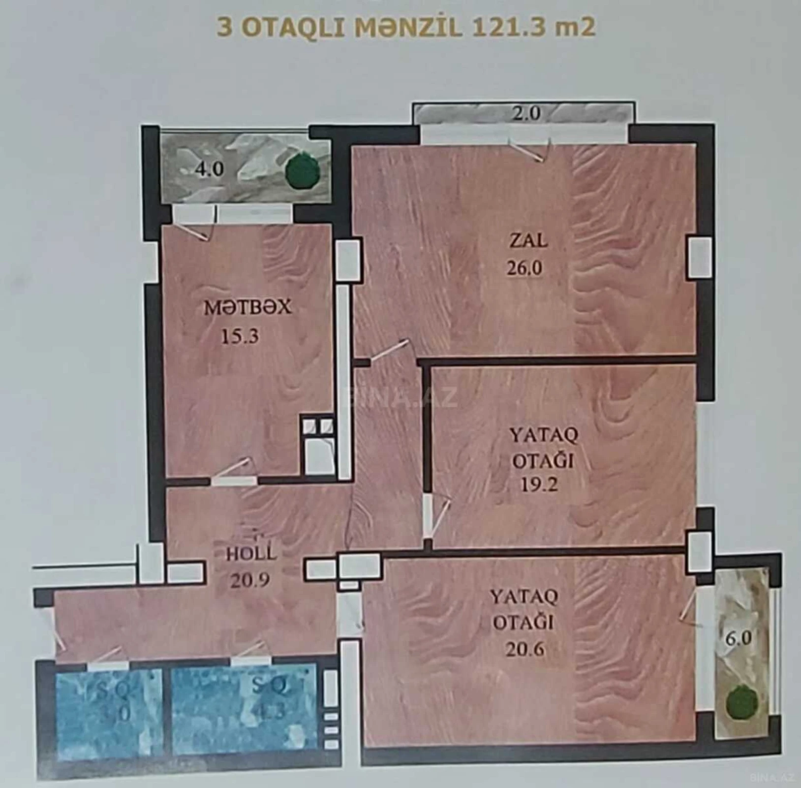 Satılır 3 otaqlı mənzil 121.3 m²