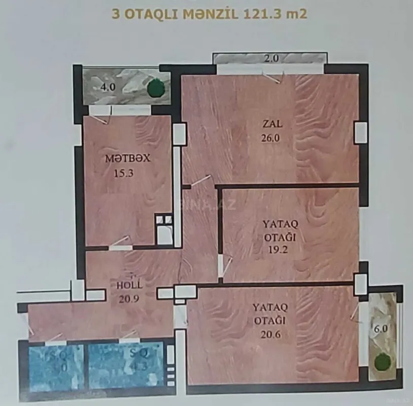 Satılır 3 otaqlı mənzil 121.3 m²