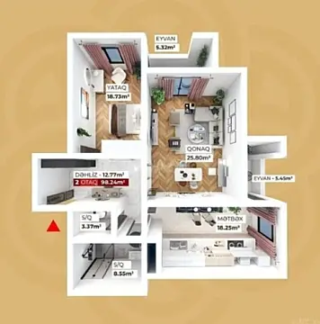 Satılır 2 otaqlı mənzil 98.2 m²