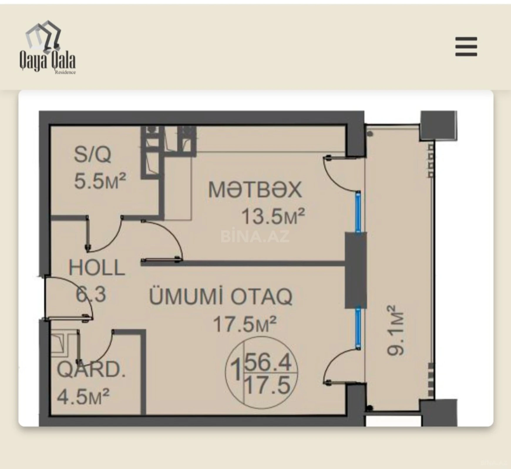 Satılır 2 otaqlı mənzil 56 m²