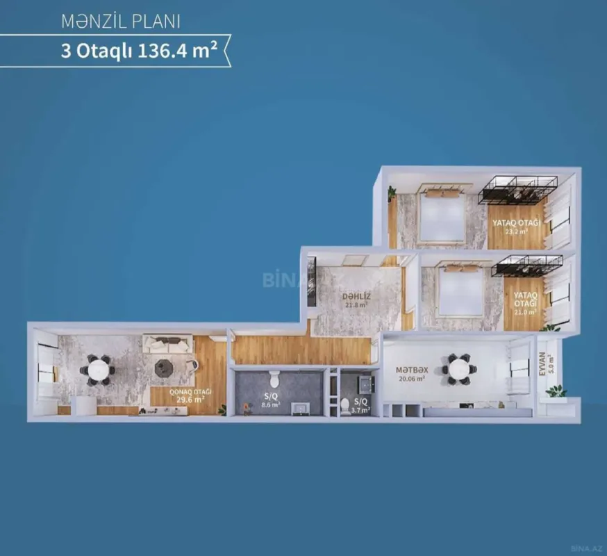 Satılır 3 otaqlı mənzil 137 m²
