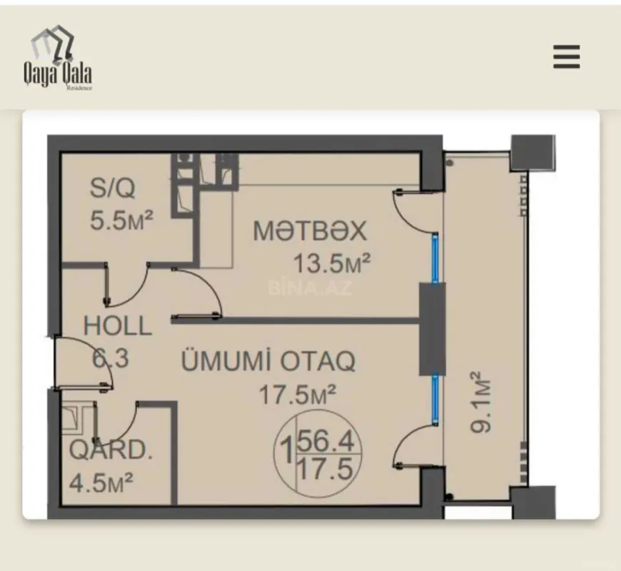 Satılır 2 otaqlı mənzil 57 m²