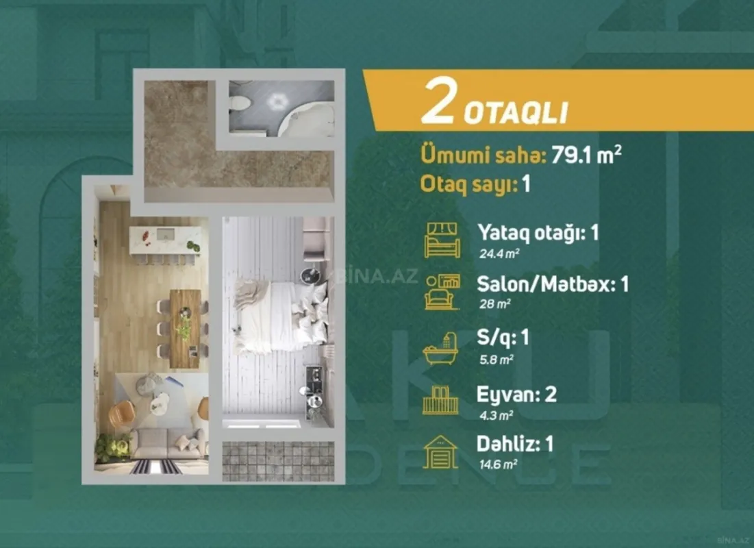 Satılır 2 otaqlı mənzil 79.1 m²