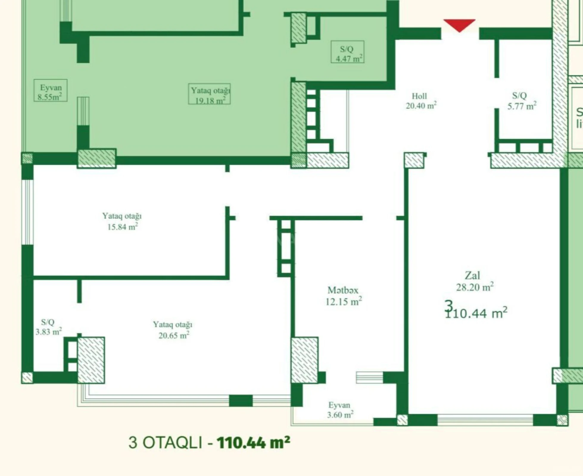 Satılır 3 otaqlı mənzil 110.4 m²