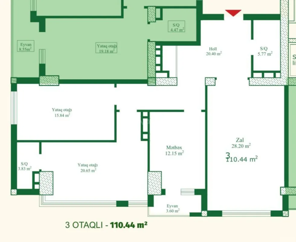 Satılır 3 otaqlı mənzil 110.4 m²
