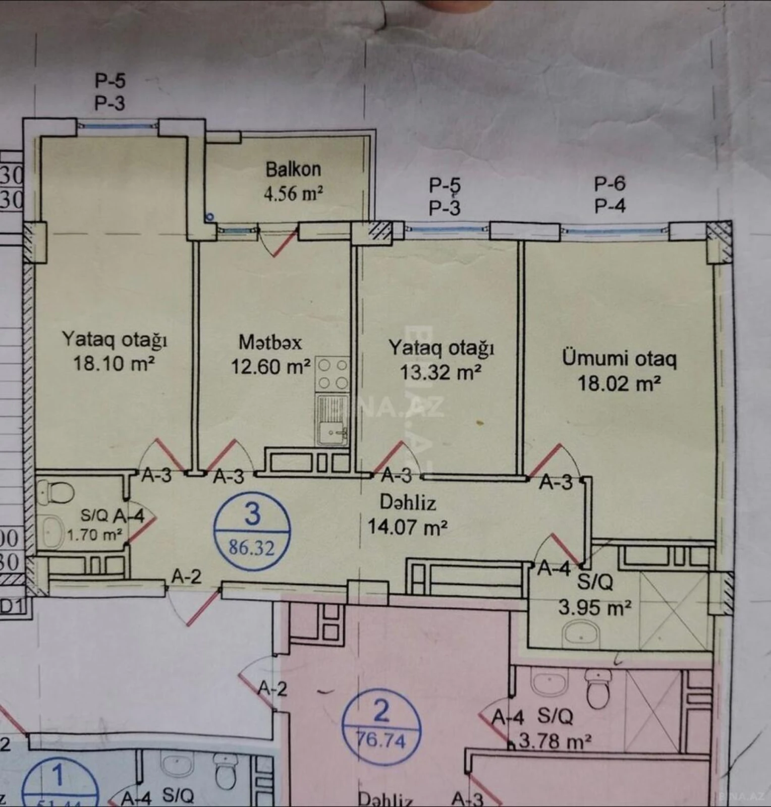 Satılır 3 otaqlı mənzil 86.3 m²