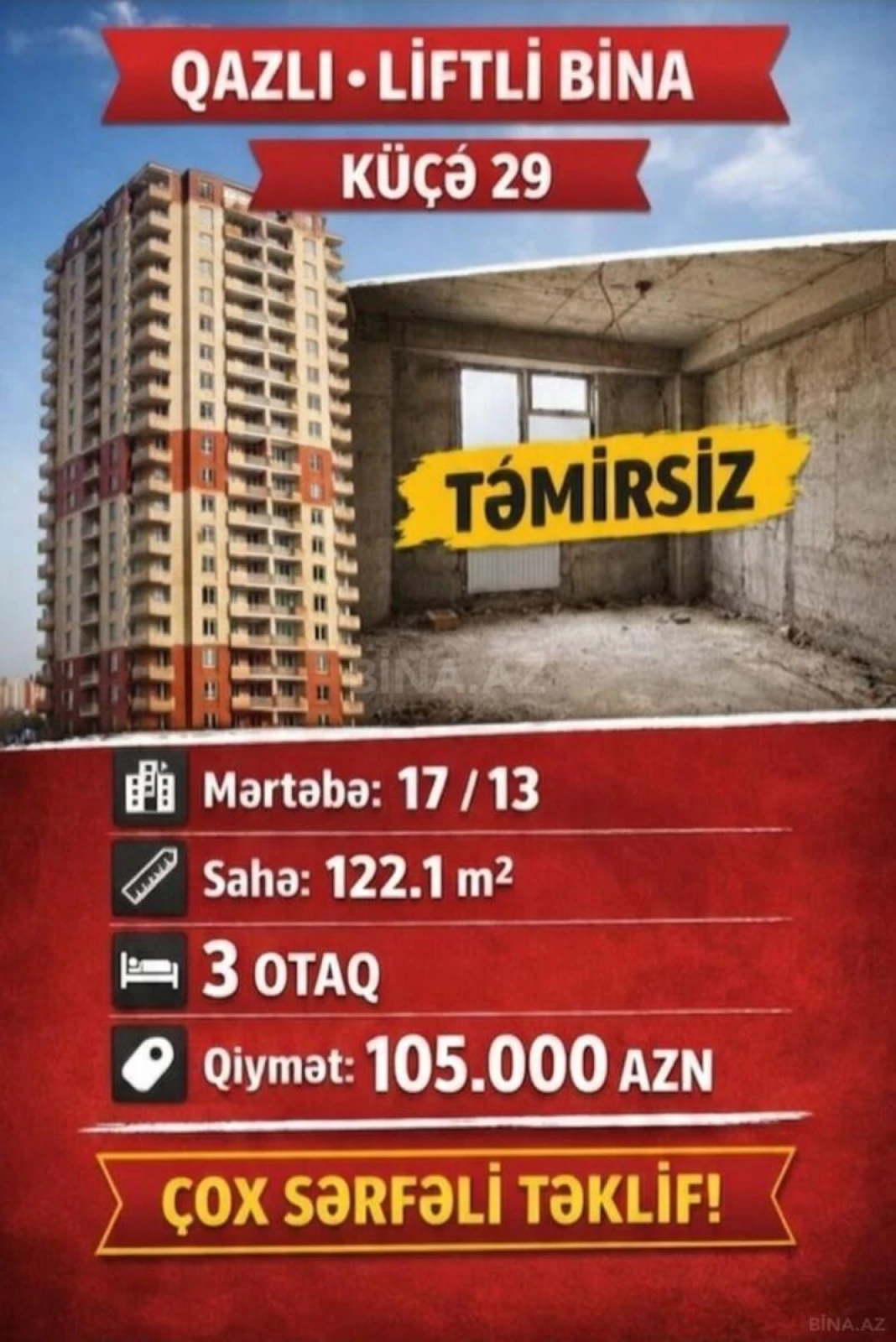 Satılır 3 otaqlı mənzil 122 m²