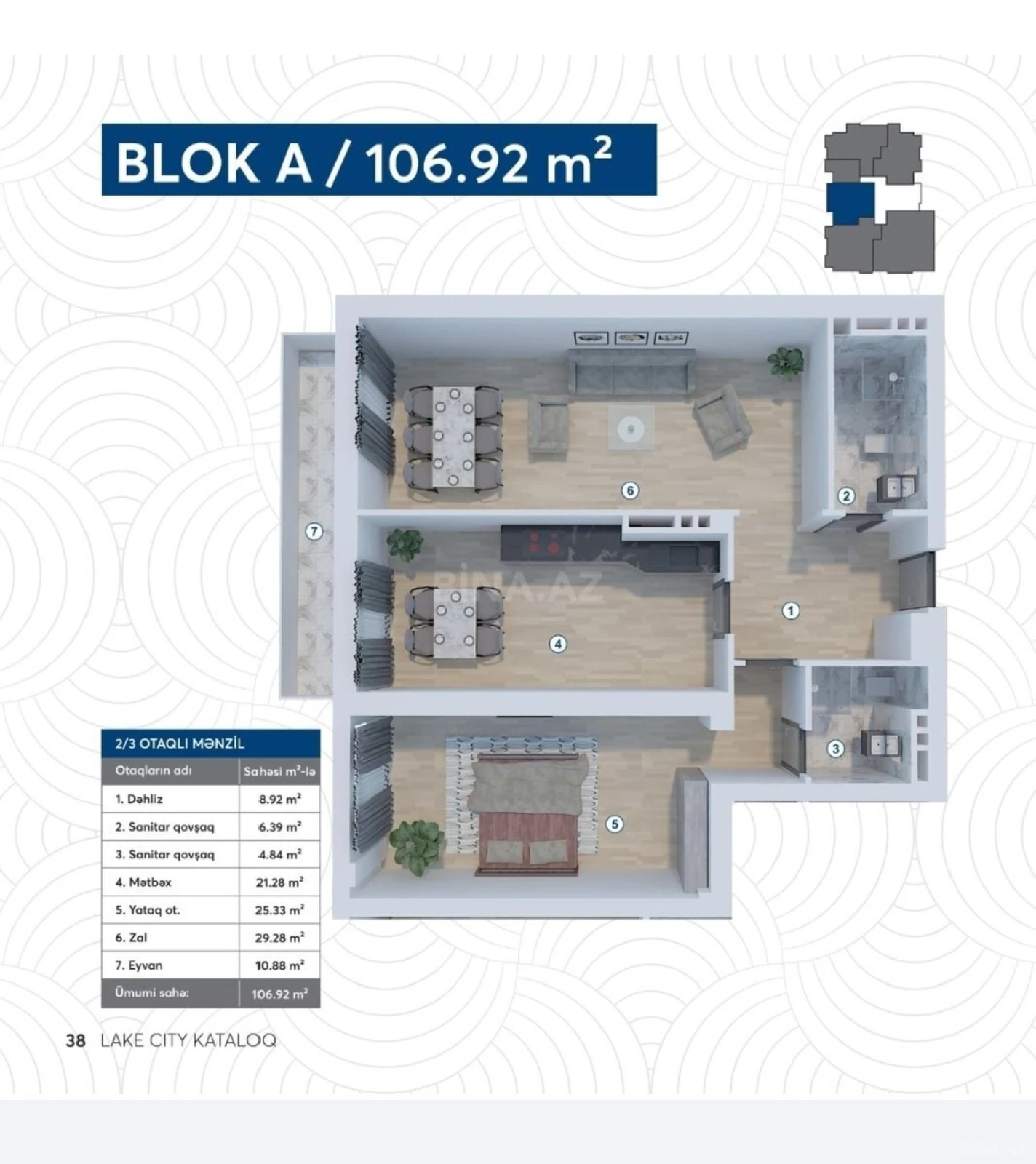 Satılır 2 otaqlı mənzil 107 m²