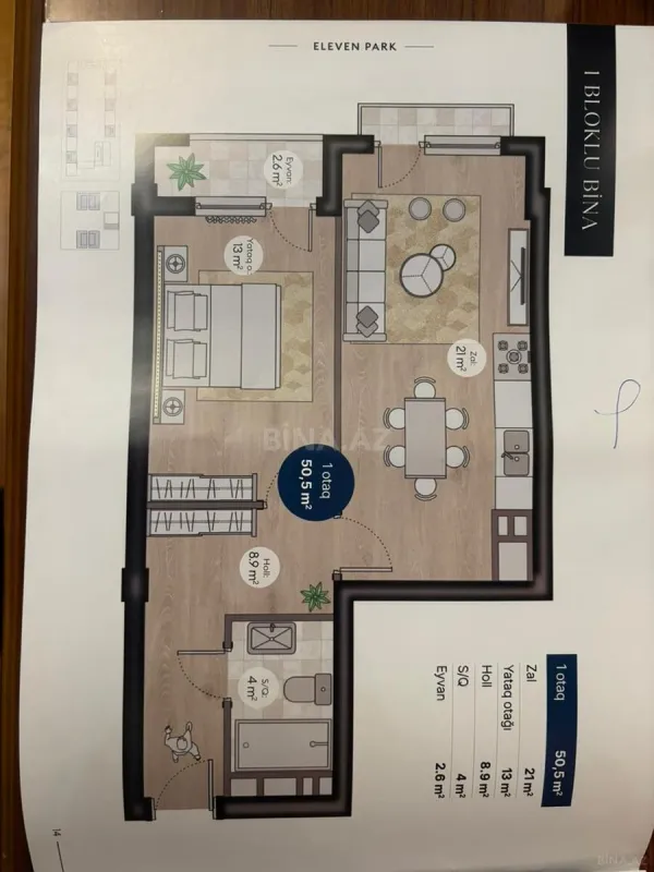 Satılır 2 otaqlı mənzil 51 m²