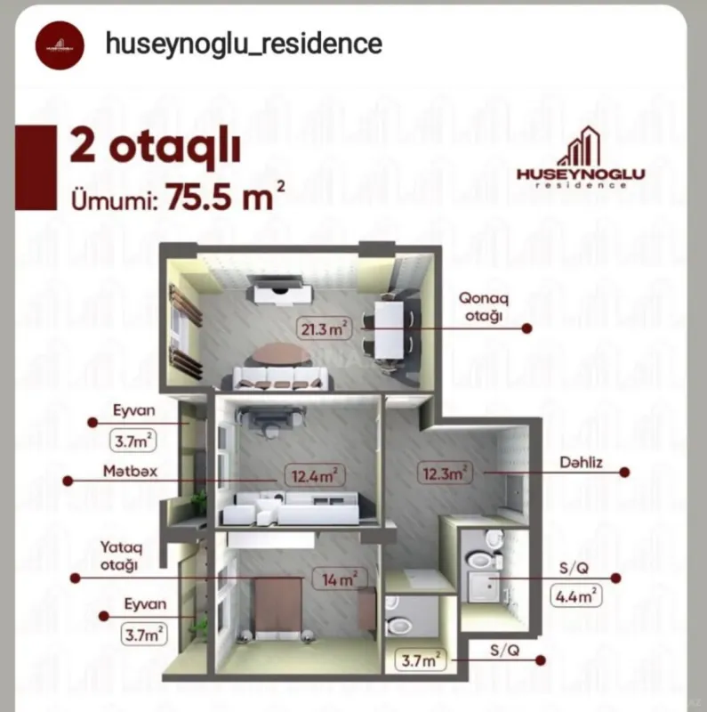 Satılır 2 otaqlı mənzil 76 m²