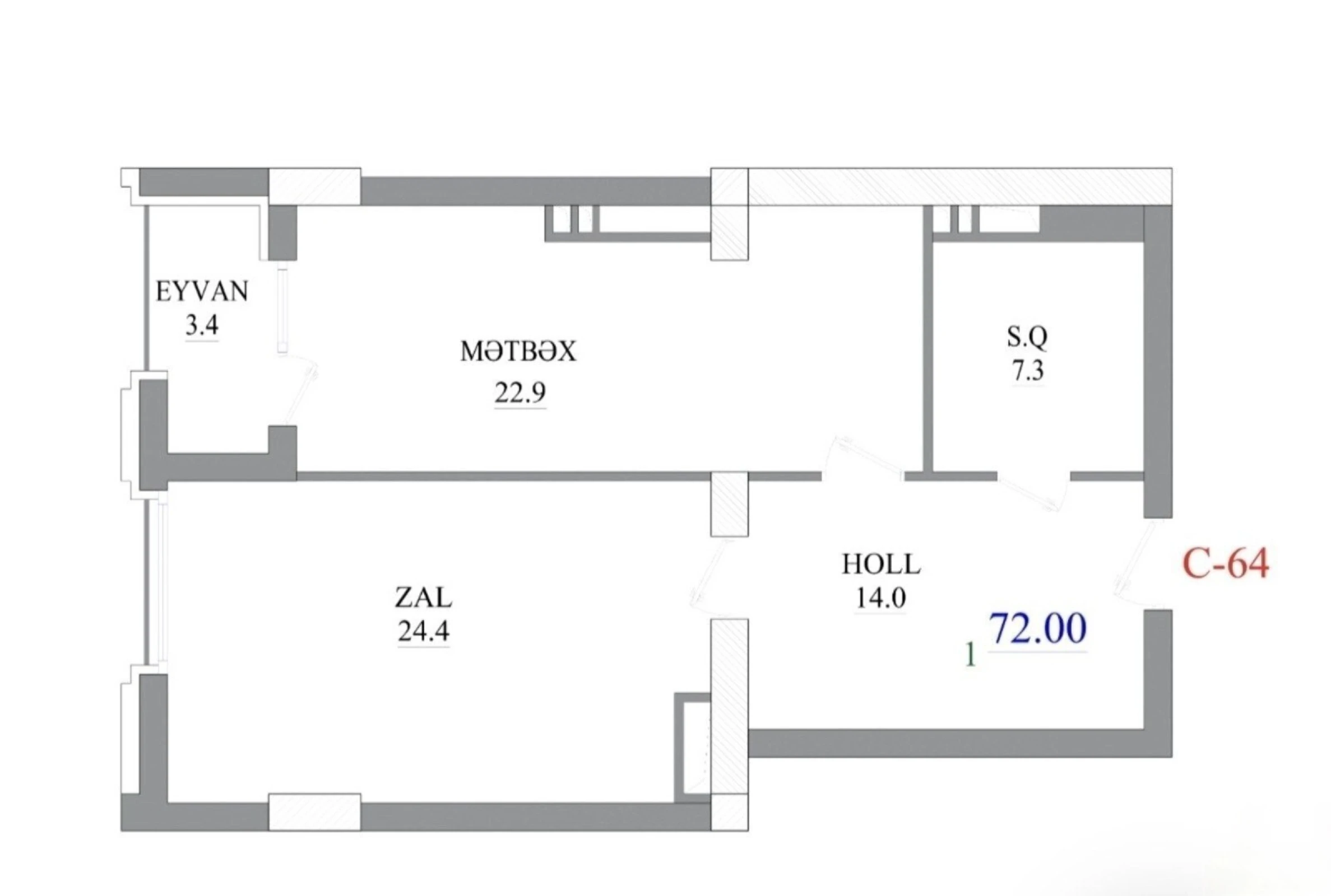 Satılır 2 otaqlı mənzil 72 m²