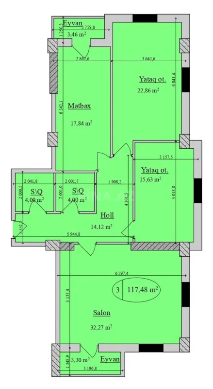 Satılır 3 otaqlı mənzil 117 m²