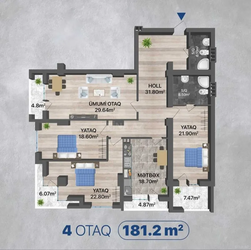 Satılır 4 otaqlı mənzil 185 m²