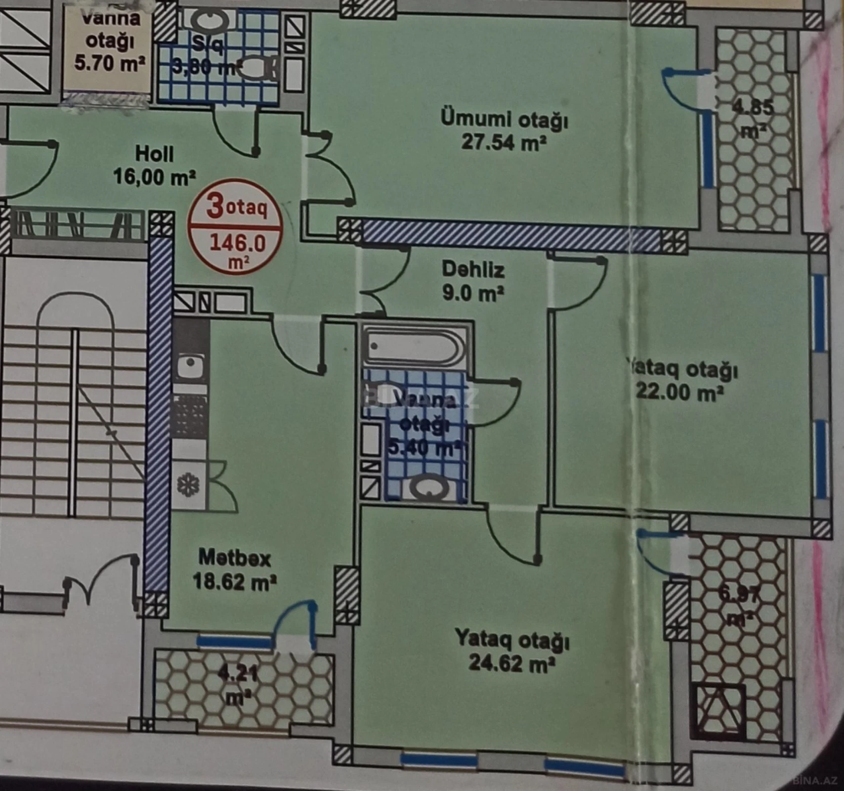 Satılır 3 otaqlı mənzil 146 m²