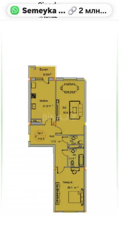 Satılır 2 otaqlı mənzil 112.5 m²