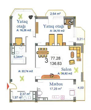 Satılır 3 otaqlı mənzil 138 m²