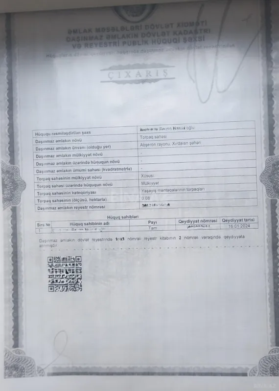 Satılır torpaq sahəsi 8 m²