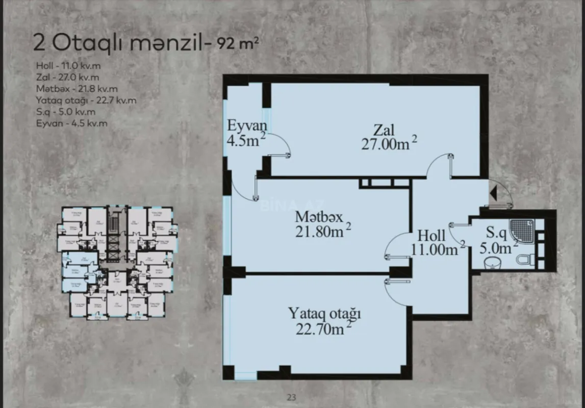 Satılır 2 otaqlı mənzil 92 m²