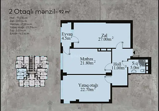 Satılır 2 otaqlı mənzil 92 m²