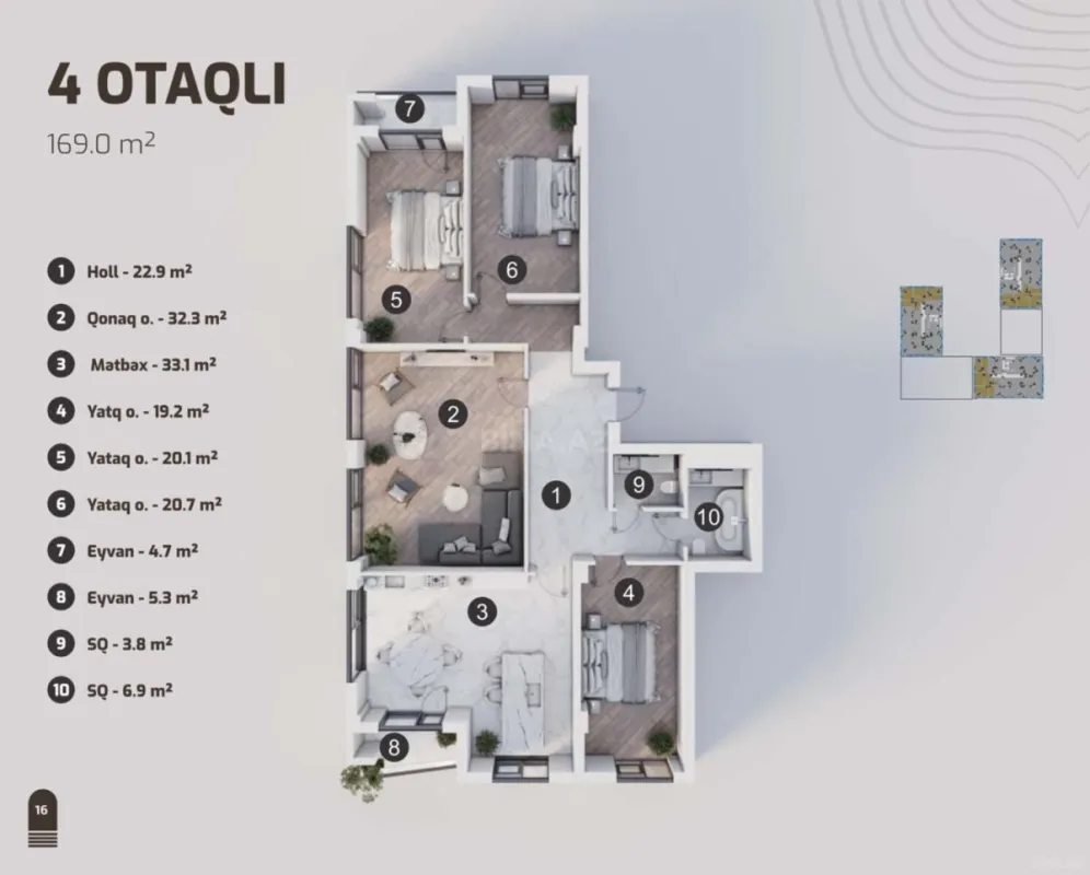 Satılır 4 otaqlı mənzil 169 m²
