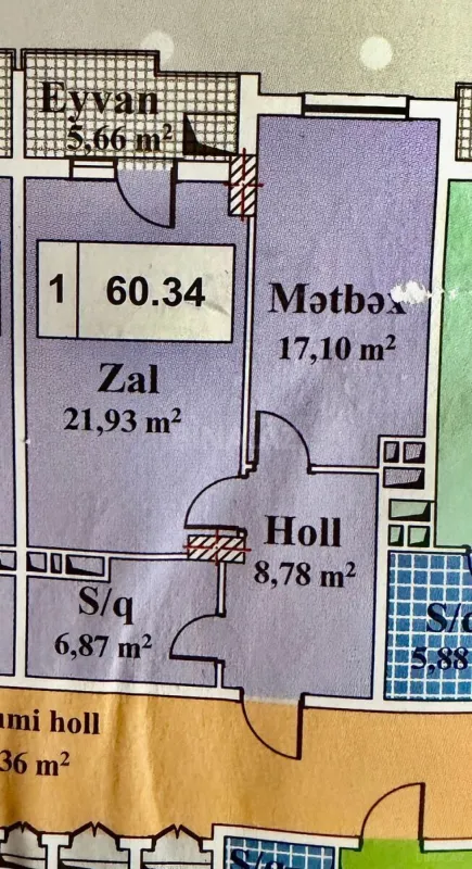 Satılır 2 otaqlı mənzil 60.3 m²