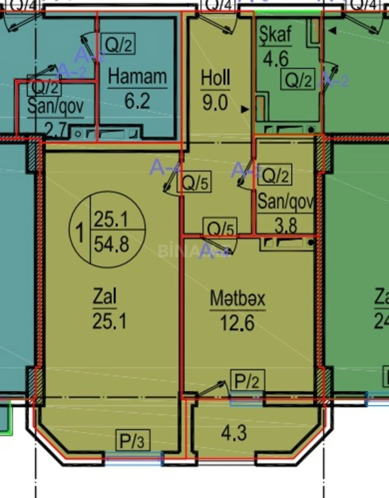 Satılır 1 otaqlı mənzil 55 m²