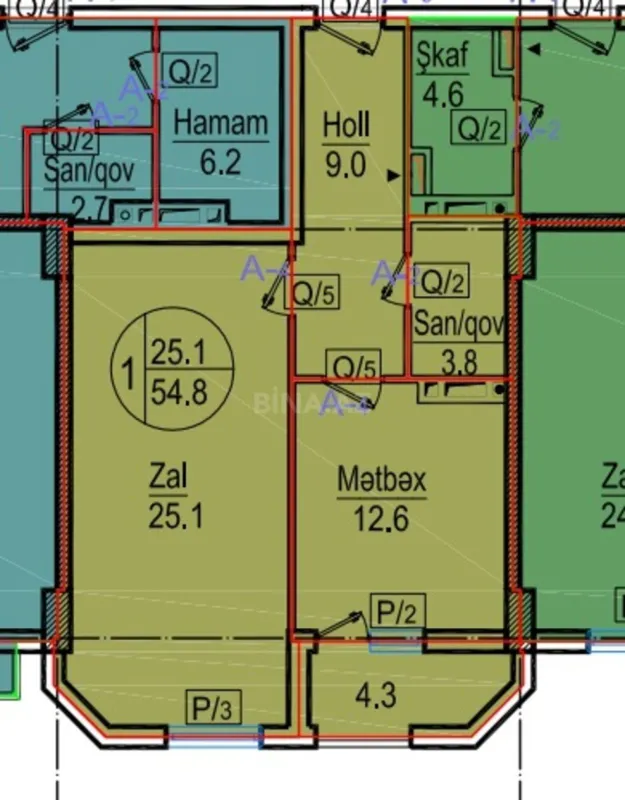 Satılır 1 otaqlı mənzil 55 m²