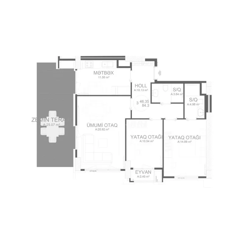 Satılır 3 otaqlı mənzil 84.5 m²