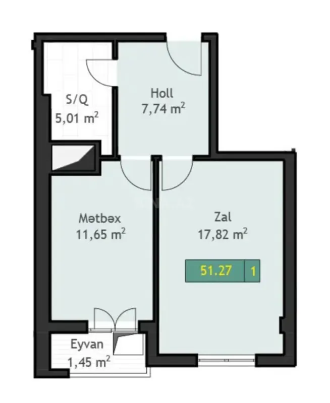 Satılır 1 otaqlı mənzil 52 m²