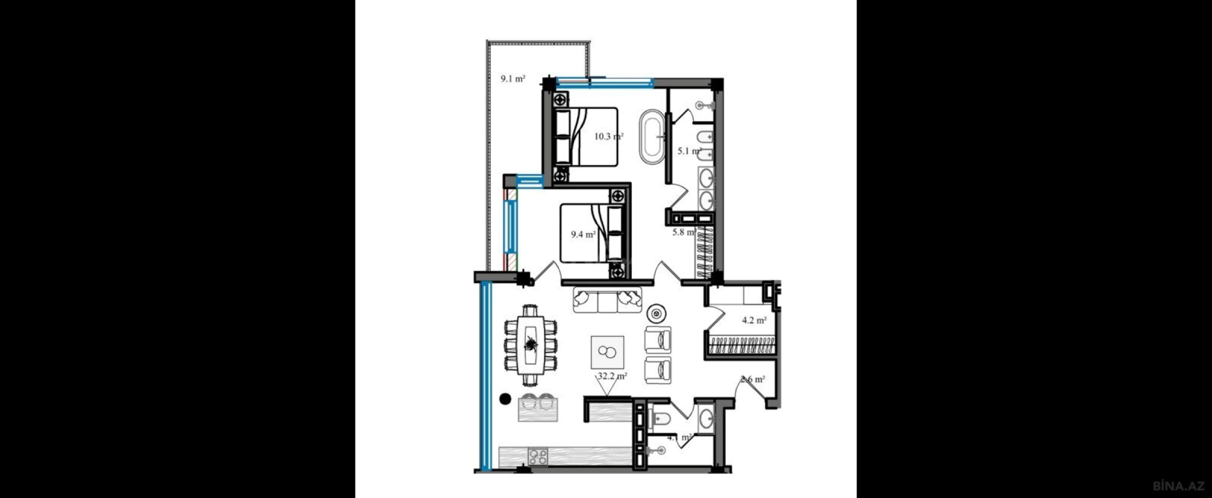 Satılır 3 otaqlı mənzil 98.9 m²