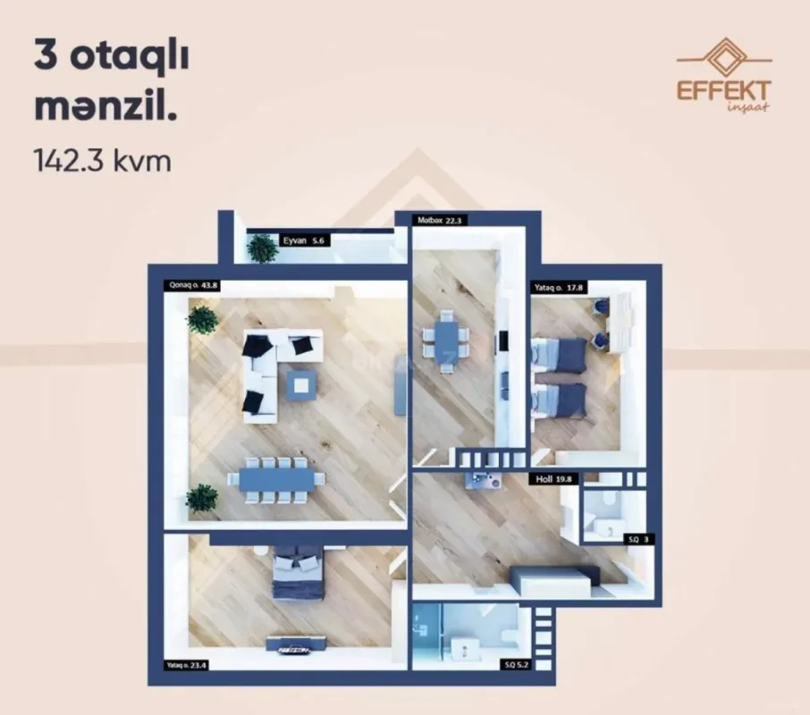Satılır 3 otaqlı mənzil 142 m²