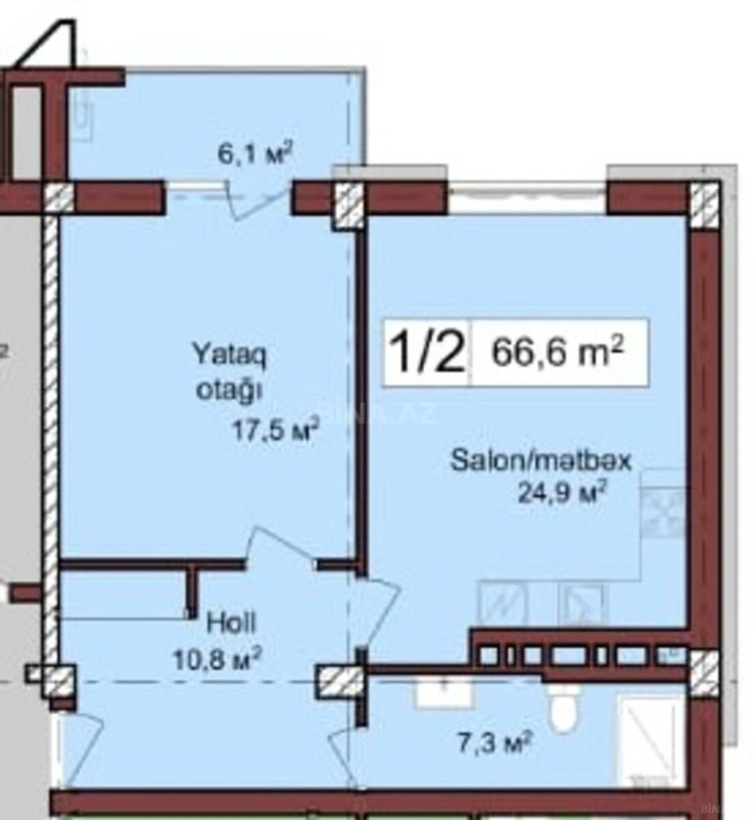 Satılır 1 otaqlı mənzil 66.6 m²